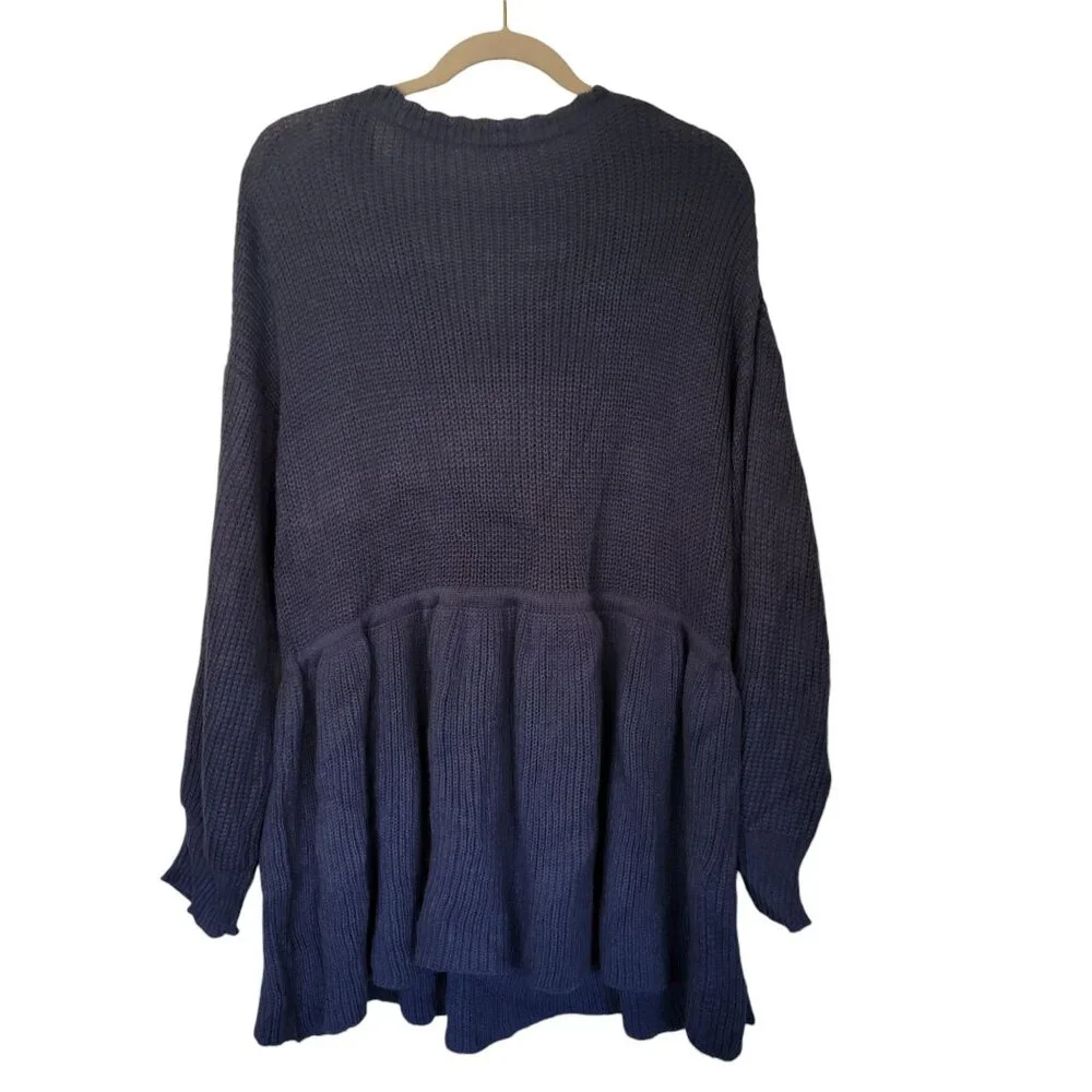 Sweater Tunic 3XL Knit V-Neck Blue Tie Waist Heavy Ruffle Hem Plus Size 100% Acr - Picture 3 of 5